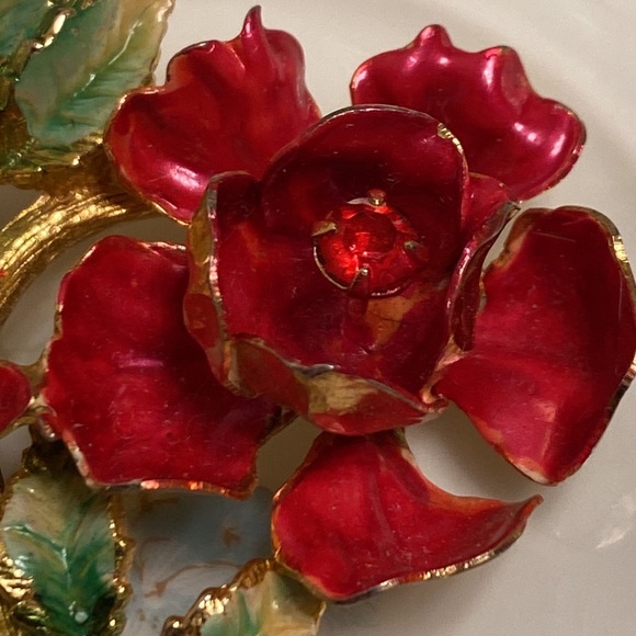 Vintage Made in Austria enamel rhinestone red flower brooch- 2 1/2” x 1 1/2” - Picture 2 of 11